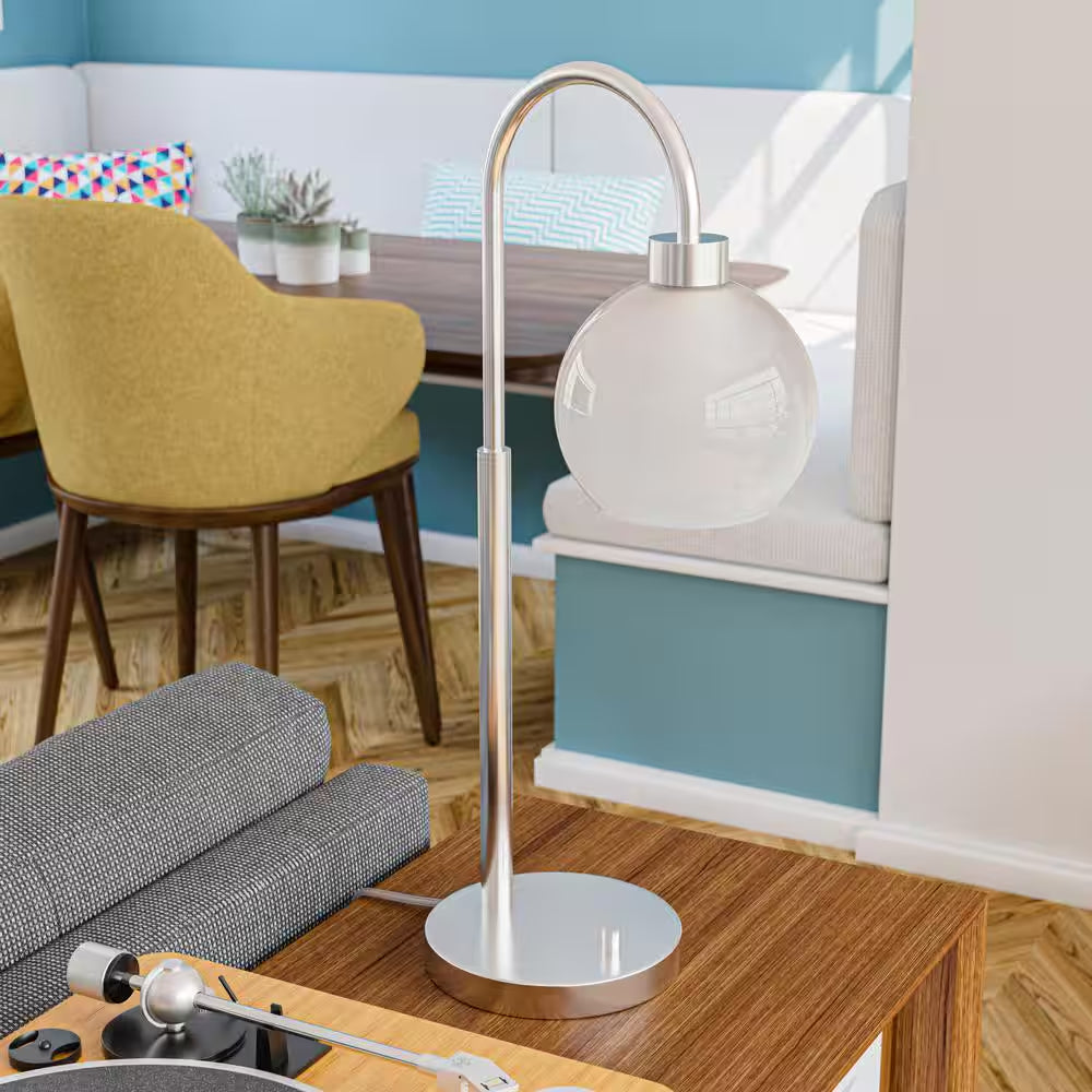 Highstone 27 In. Brushed Silver Indoor Table Lamp with Opal Globe Shade